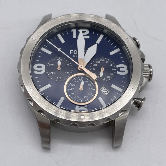 Fossil Mens Watch C221032 Blue Rose Gold Dial Stainless Case 46mm New Battery - Picture 1 of 13
